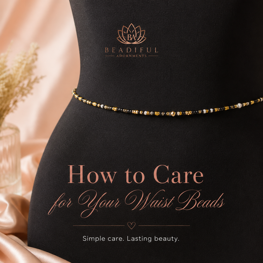 How to care for your waist beads cover graphic featuring a delicate gold strand jewelry stack.