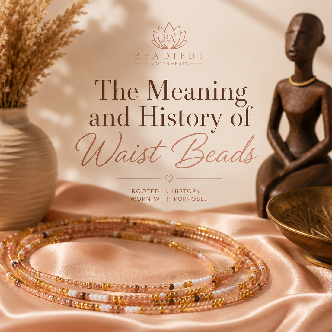 The Meaning and History of Waist Beads cover graphic featuring handcrafted gold waist bead strands alongside an African sculpture by Beadiful Adornments.