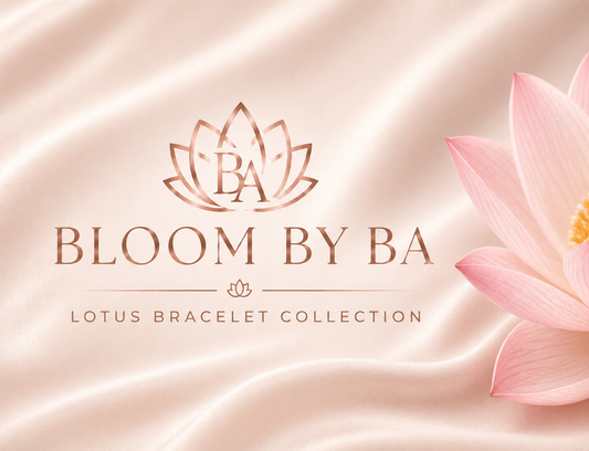 Rose gold promotional banner for Bloom by BA Lotus Bracelet Collection featuring a stylized lotus flower graphic on a silk background