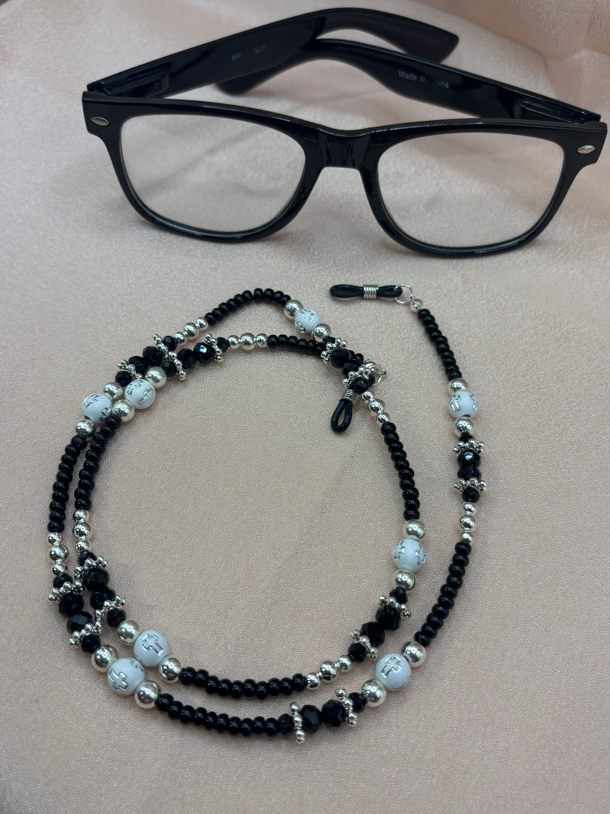 Covered in Grace - Black & Silver Cross Beaded Eyeglass Chain