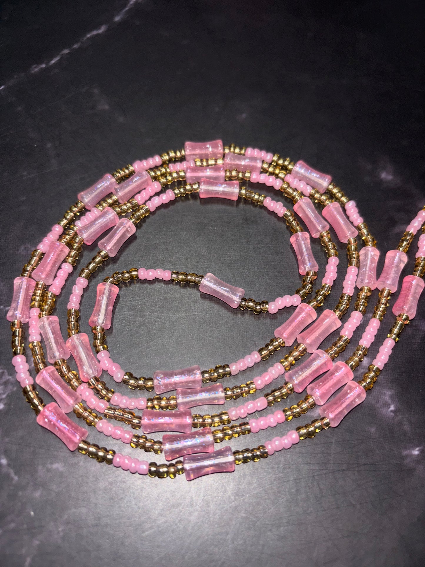 Pink Satin - Pink Waist Beads with Gold Accents
