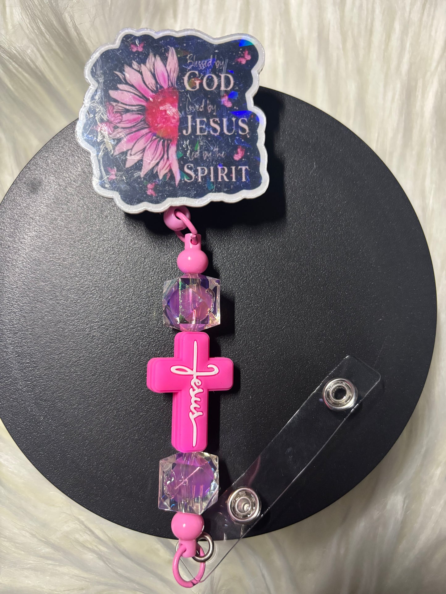 Blessed & Covered Pink cross badge reel