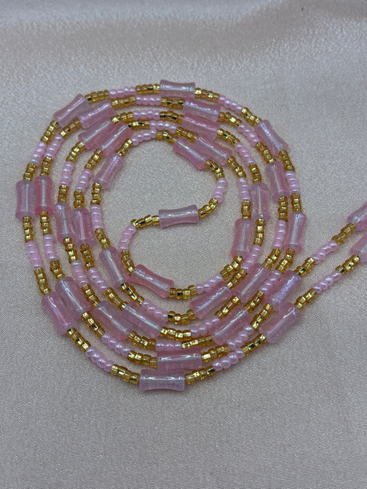 Pink Satin - Pink Waist Beads with Gold Accents