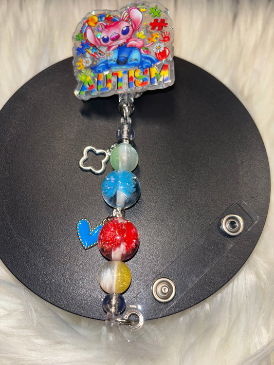 Spectrum Joy – Autism Awareness Stitch Badge Reel Beaded Retractable Badge Holder
