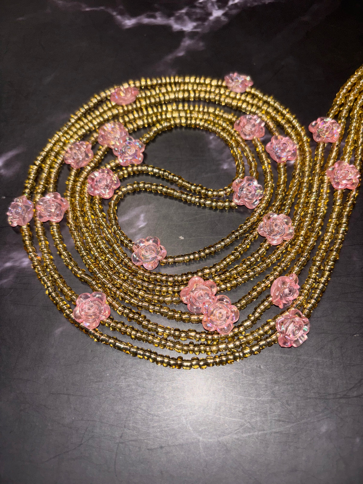 Luxurious Petals - Gold Waist Beads with Pink Flowers