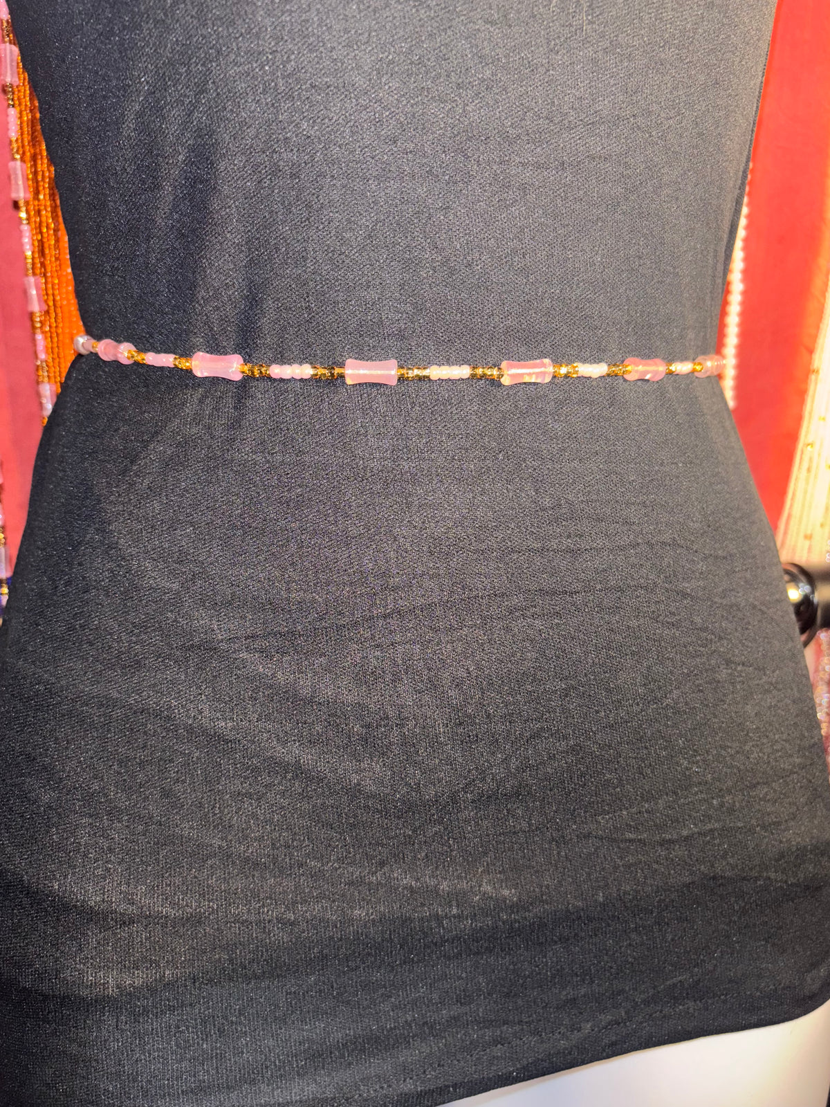 Pink Satin - Pink Waist Beads with Gold Accents